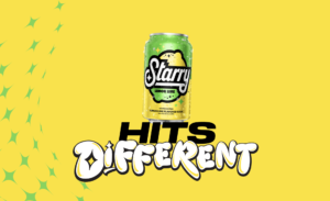 Starry soda can behind 'Hits Different' text.