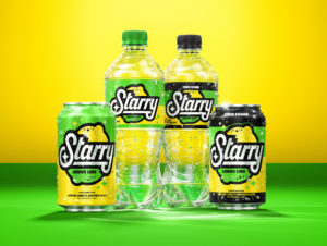 Four Starry sodas in front of a yellow and lime green background.