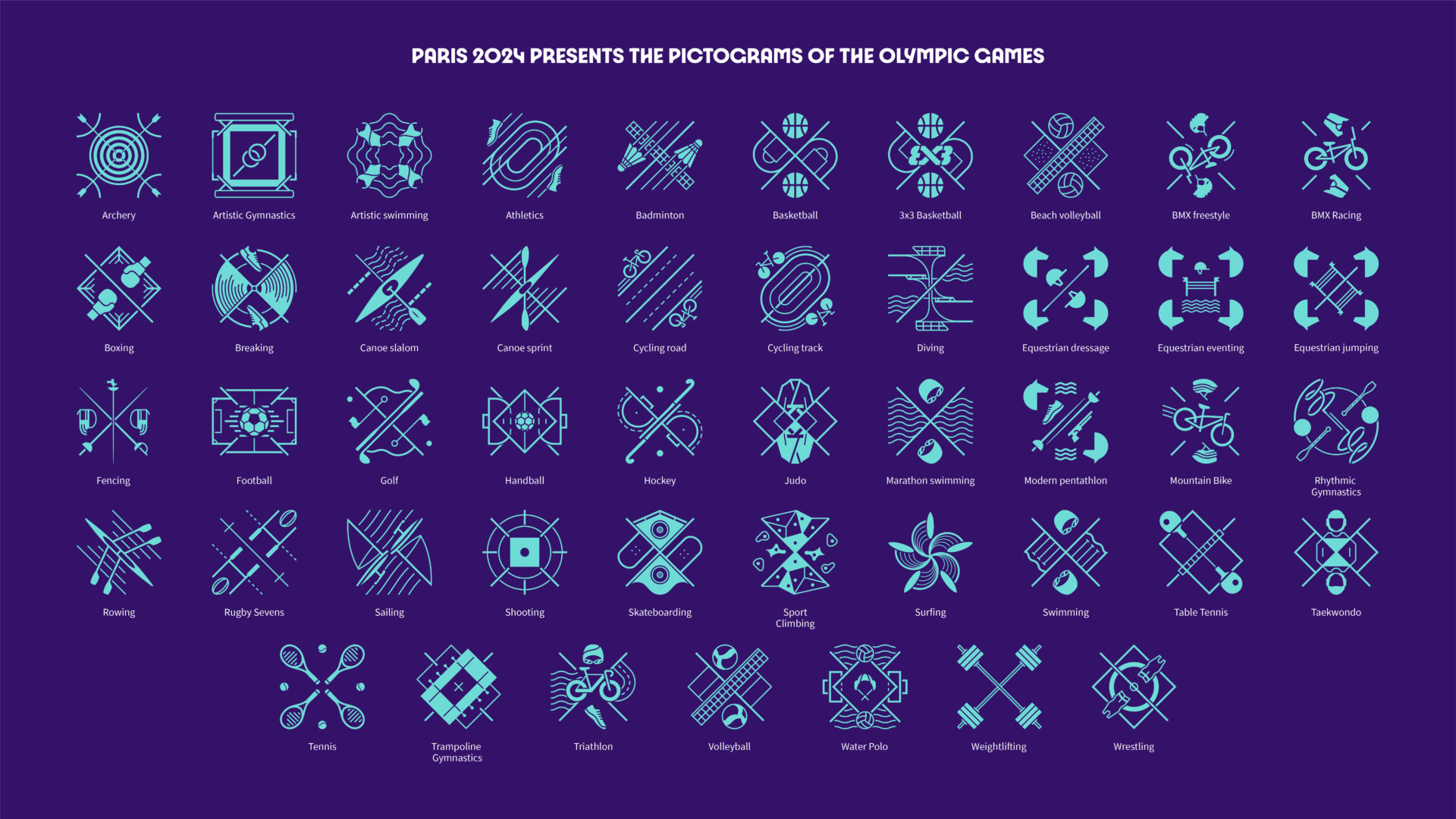 Paris 2024 Olympics Pictograph display on purple background.