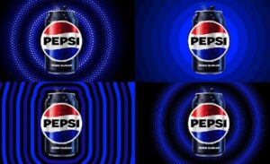 Four Pepsi cans in front of navy and back backgrounds.