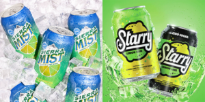 Side-by-side photo comparison of Sierra Mist cans in ice next to Starry cans in front of green background.